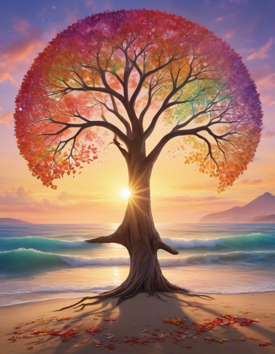 A symbolic representation of the cancer journey, featuring a vibrant tree of life with colorful leaves representing prevention, treatment, and survivorship. Surrounding the tree are diverse people holding hands, showcasing unity and support in the fight against cancer. In the background, gentle waves symbolize hope and wellness, while a sunrise casts warm light on the scene, reflecting new beginnings. super-realistic. vibrant colors. uplifting atmosphere.