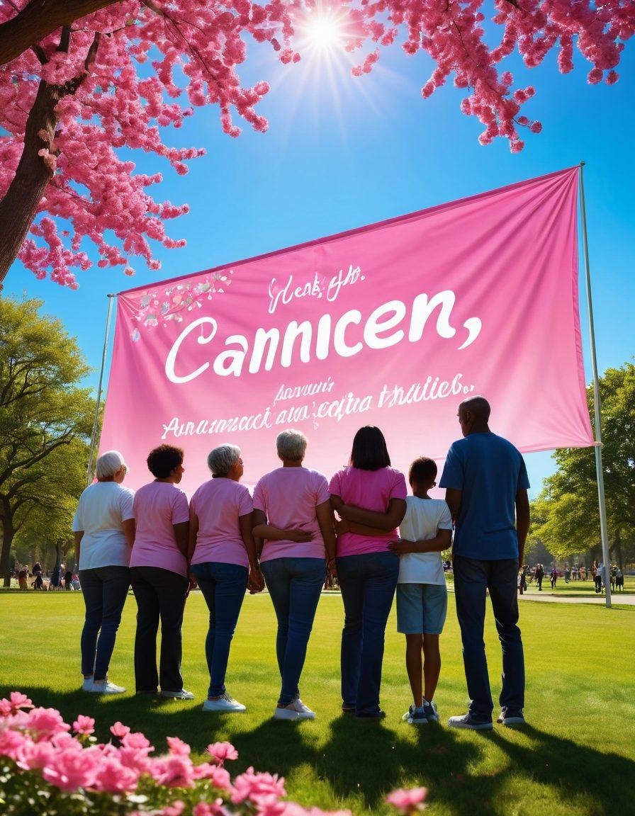 A heartwarming scene depicting a diverse group of people of all ages, united in a park, sharing stories of hope and support in front of a colorful cancer awareness banner. Soft, glowing light surrounds them, symbolizing strength and resilience. Include pink ribbons scattered throughout as a reminder of cancer awareness, and blooming flowers to represent life and growth. The background features a blue sky, enhancing the feeling of positivity and community. vibrant colors. super-realistic.